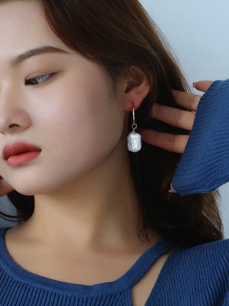 Square Baroque Pearl Drop Hoop Earrings - floysun