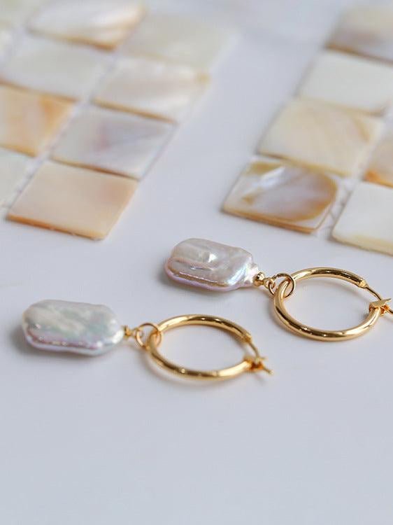 Square Baroque Pearl Drop Hoop Earrings - floysun