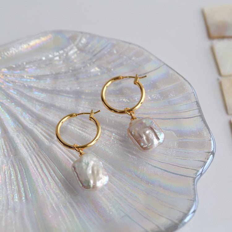 Square Baroque Pearl Drop Hoop Earrings - floysun