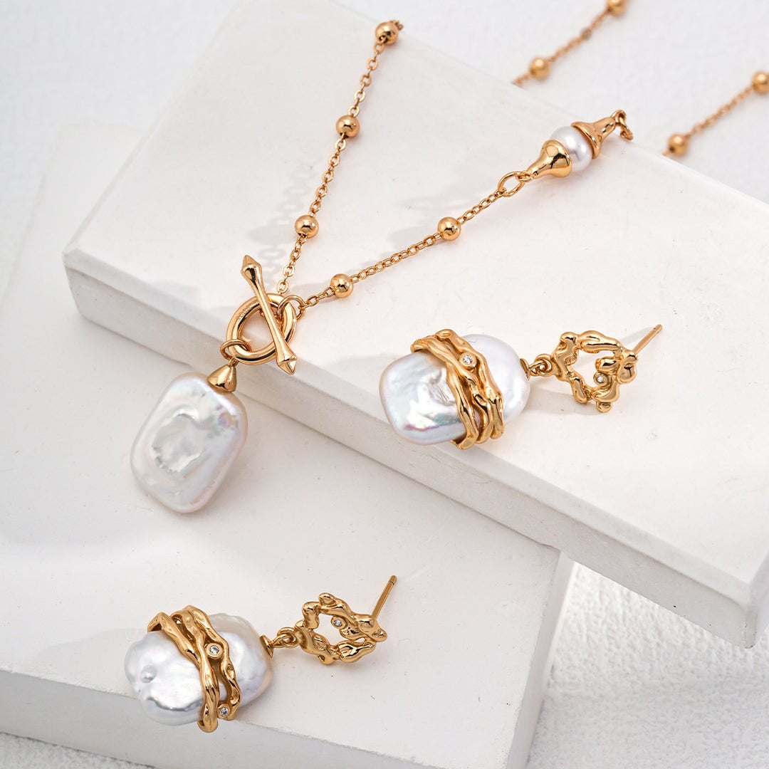 Square Baroque Pearl Pendant Chain Necklace - floysun