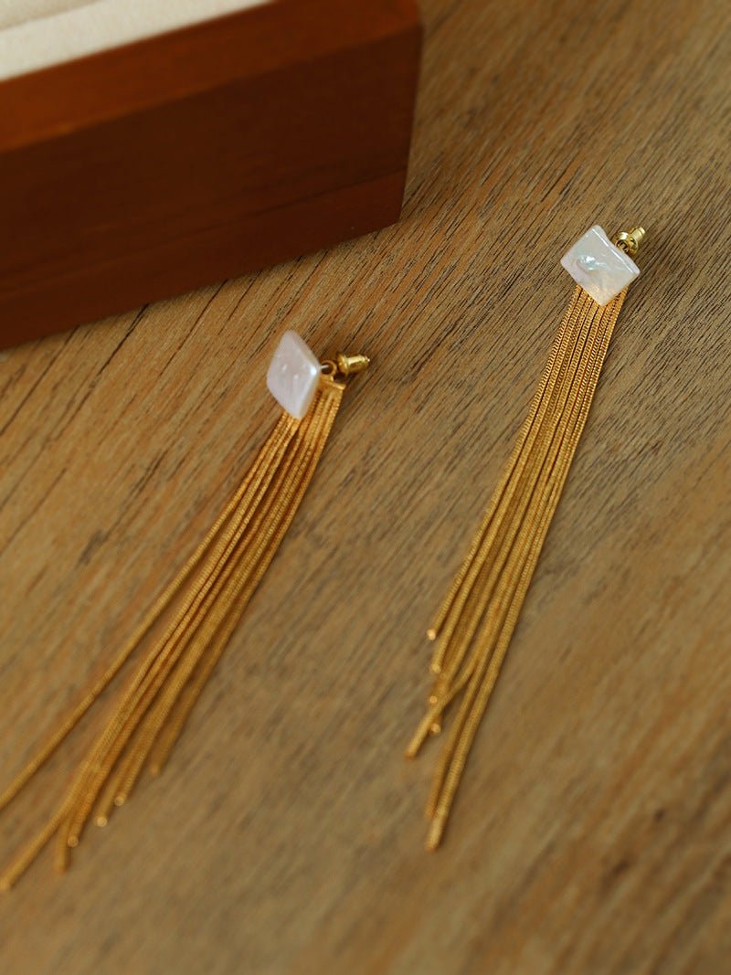 Square Baroque Pearl Tassel Fringe Earrings - floysun