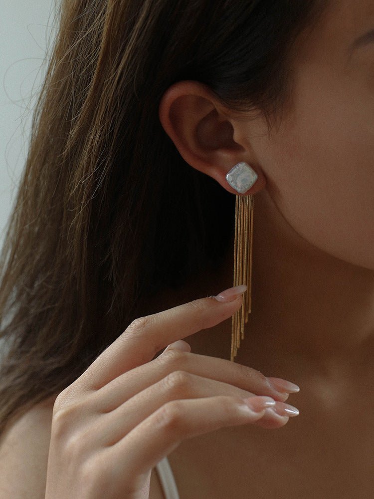 Square Baroque Pearl Tassel Fringe Earrings - floysun