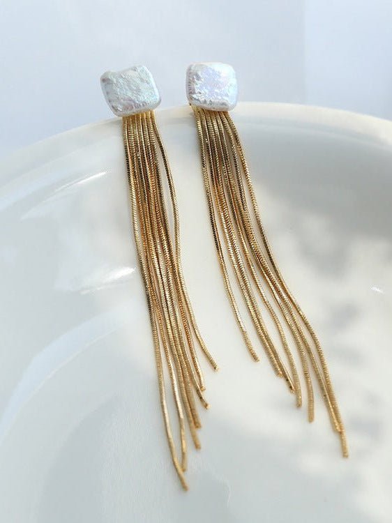 Square Baroque Pearl Tassel Fringe Earrings - floysun