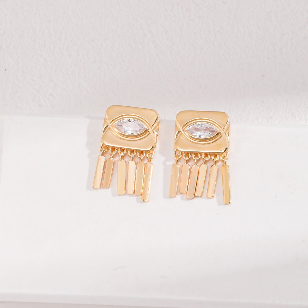 Square Eyes Diamond Tassel Studs Earrings - floysun