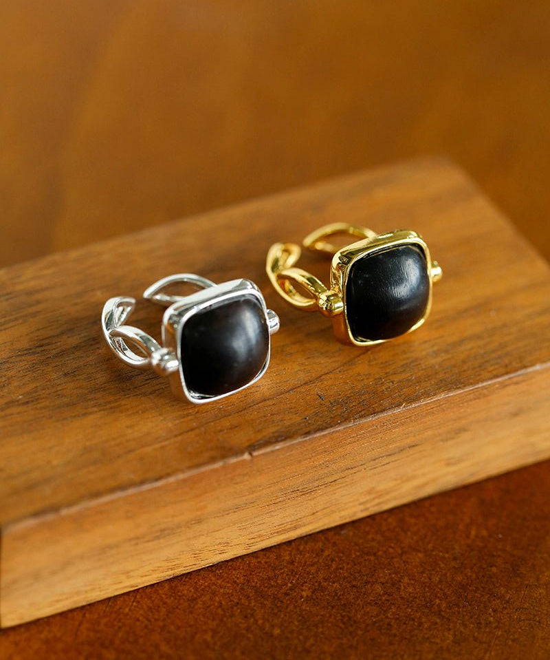 Square Open Black Ebony Wood Ring - floysun