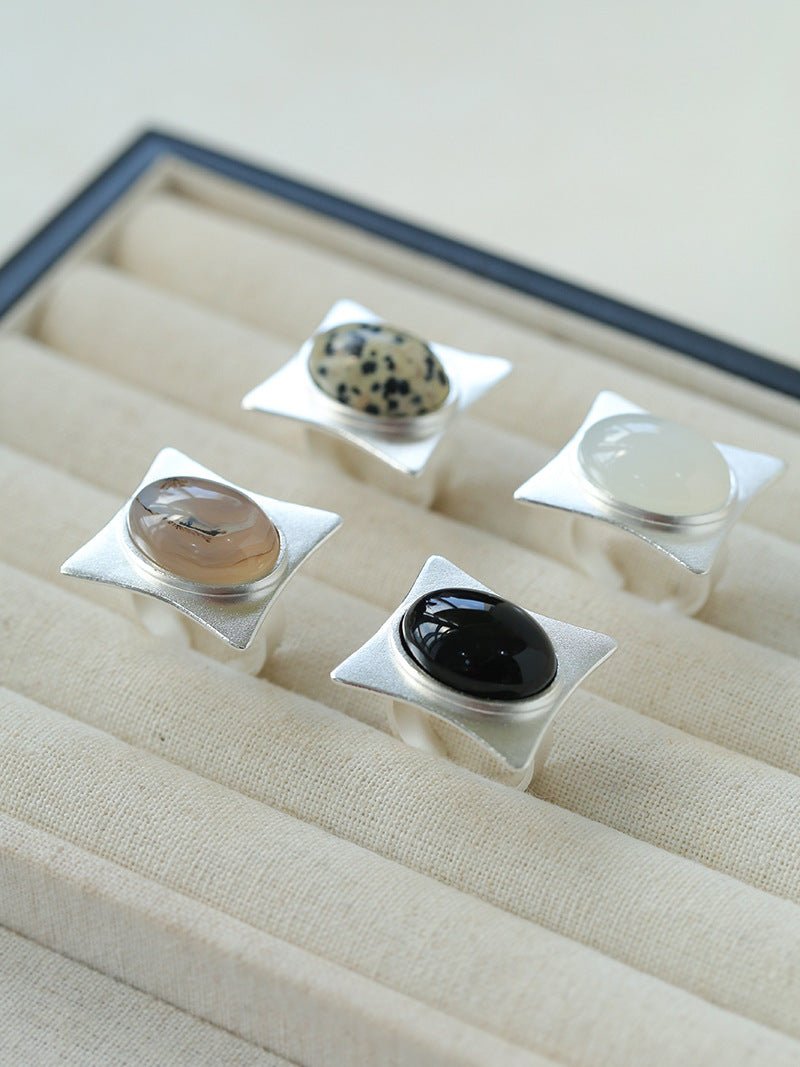 Square - Set Oval Gemstone Statement Open Ring - floysun