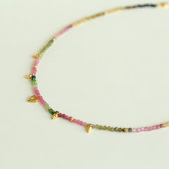 Sterling Silver Heart Natural Tourmaline Rainbow Beaded Necklace - floysun