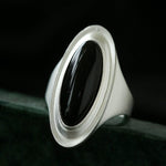 Sterling Silver Matte Black onyx and White Chalcedony Oval Ring - floysun