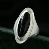 Sterling Silver Matte Black onyx and White Chalcedony Oval Ring - floysun