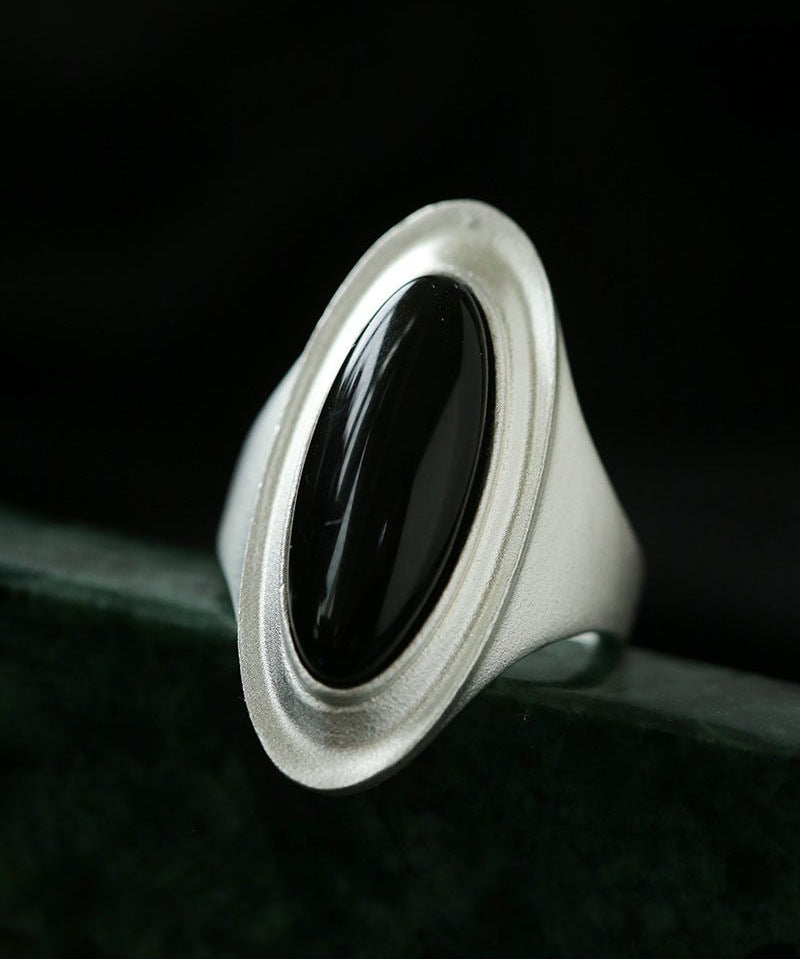 Sterling Silver Matte Black onyx and White Chalcedony Oval Ring - floysun