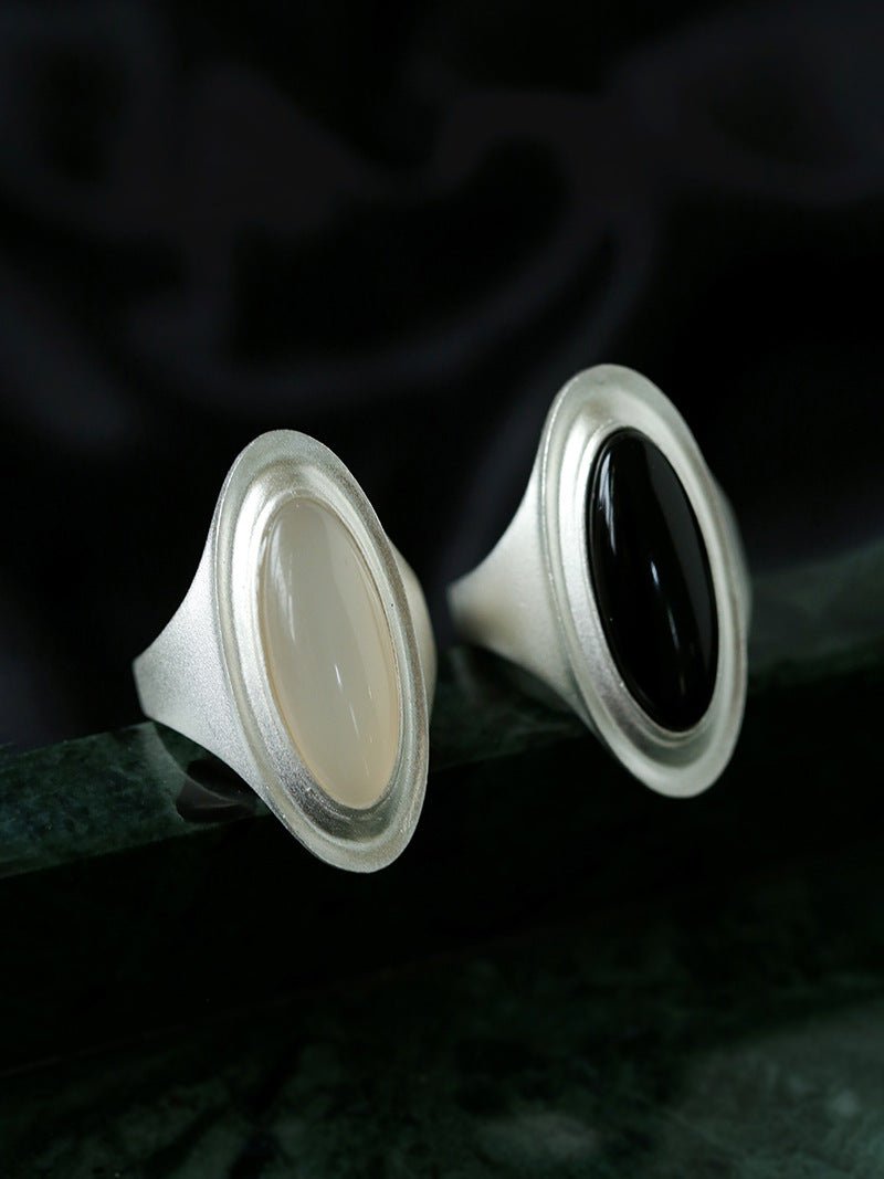 Sterling Silver Matte Black onyx and White Chalcedony Oval Ring - floysun