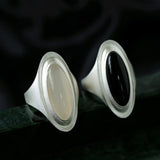 Sterling Silver Matte Black onyx and White Chalcedony Oval Ring - floysun