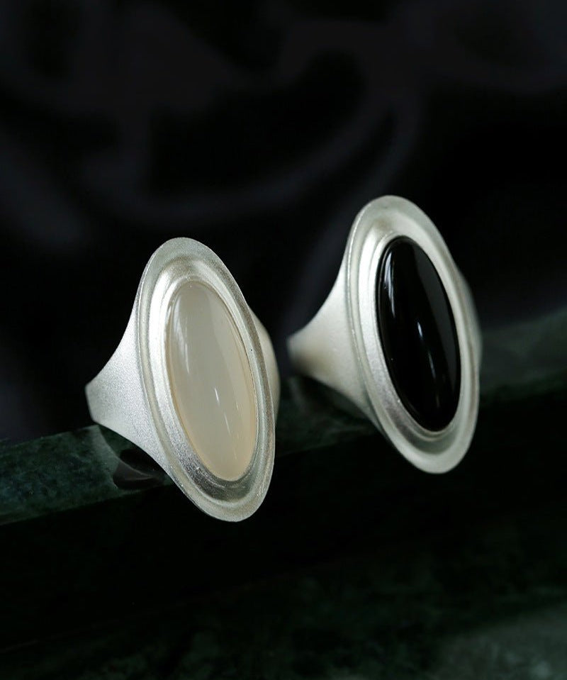 Sterling Silver Matte Black onyx and White Chalcedony Oval Ring - floysun