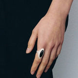 Sterling Silver Matte Black onyx and White Chalcedony Oval Ring - floysun