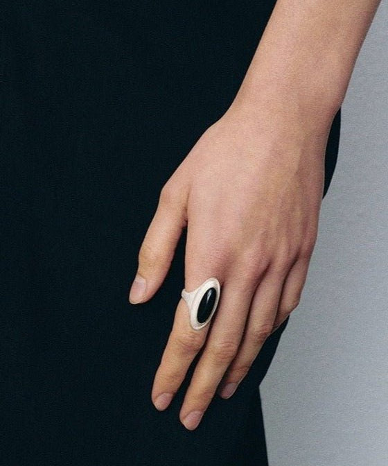 Sterling Silver Matte Black onyx and White Chalcedony Oval Ring - floysun