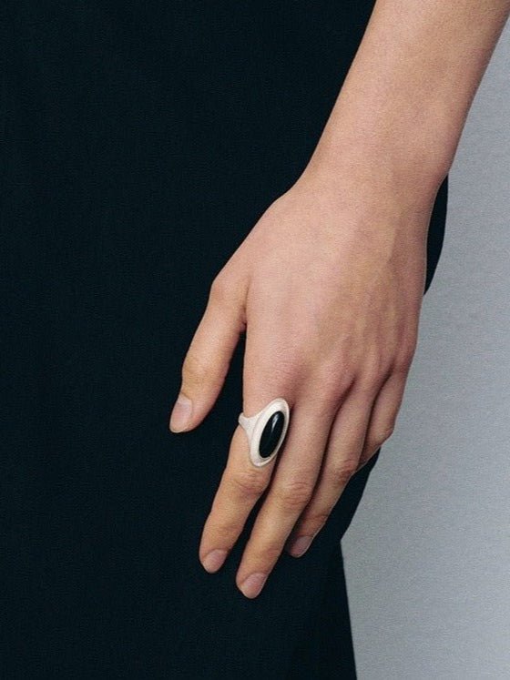 Sterling Silver Matte Black onyx and White Chalcedony Oval Ring - floysun