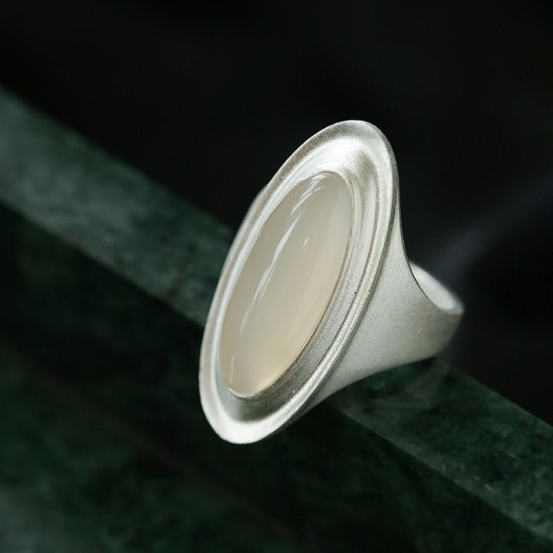 Sterling Silver Matte Black onyx and White Chalcedony Oval Ring - floysun