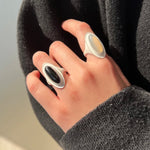 Sterling Silver Matte Black onyx and White Chalcedony Oval Ring - floysun