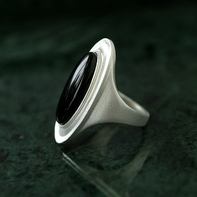 Sterling Silver Matte Black onyx and White Chalcedony Oval Ring - floysun