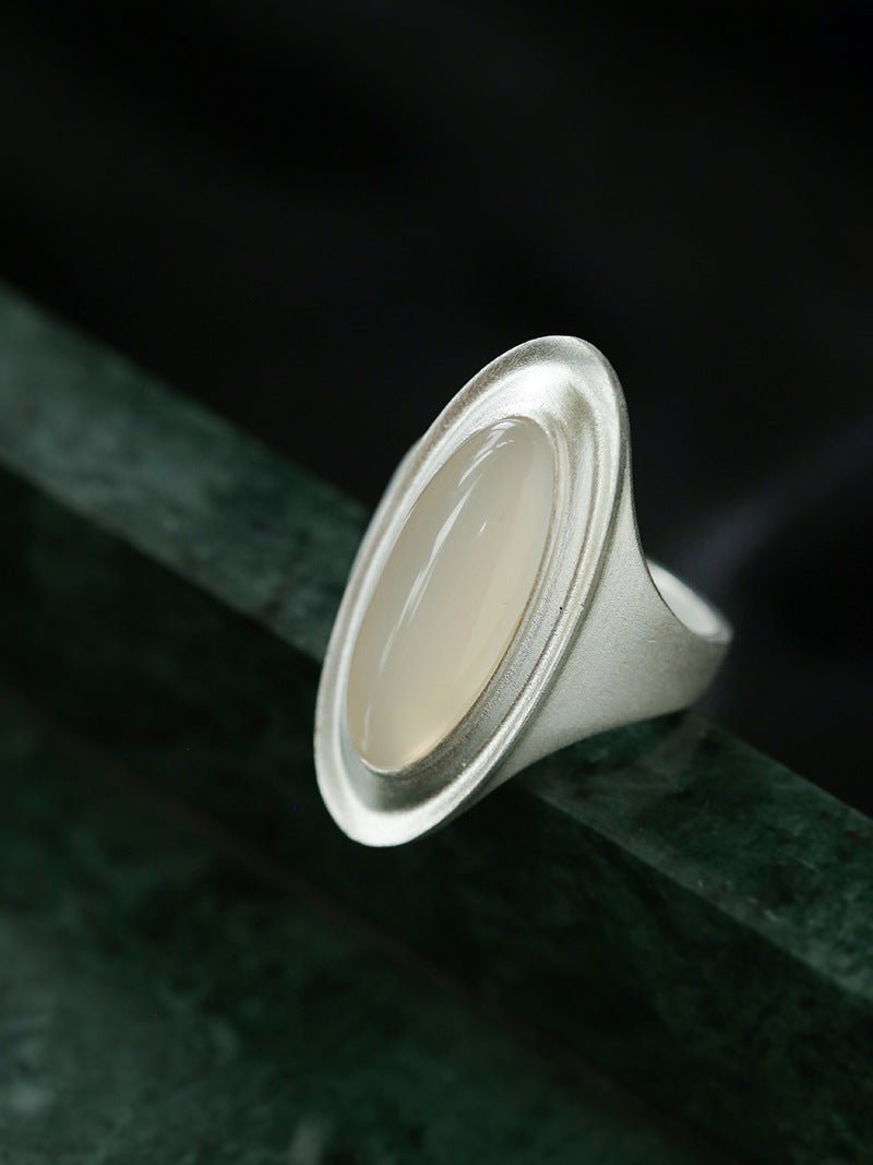 Sterling Silver Matte Black onyx and White Chalcedony Oval Ring - floysun