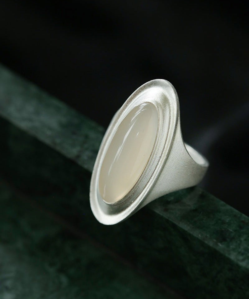 Sterling Silver Matte Black onyx and White Chalcedony Oval Ring - floysun