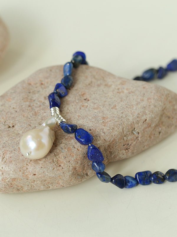 Stunning Lapis Lazuli Baroque Pearl Pendant Necklace - floysun