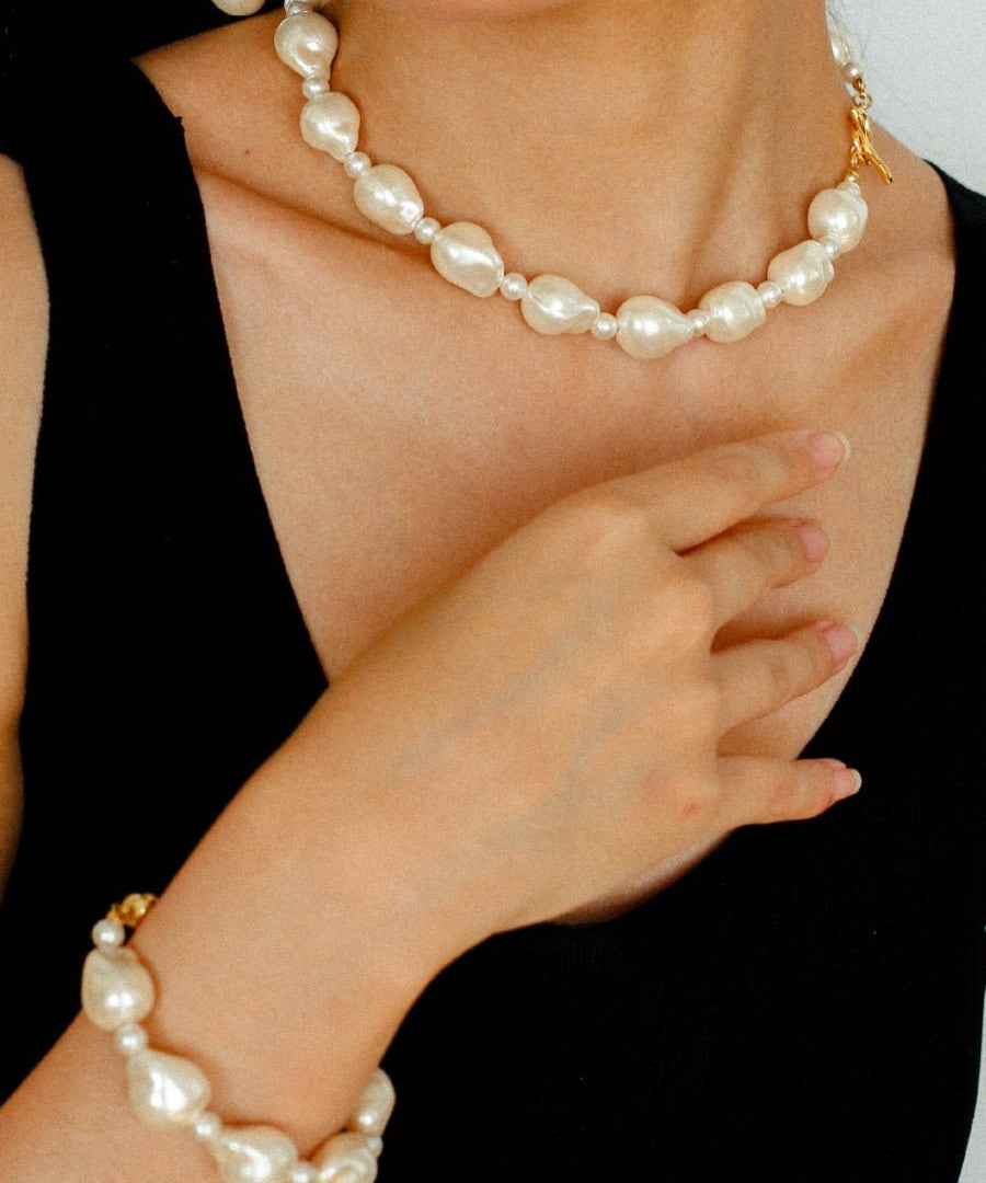 Stylish Baroque Pearl and Bead Beaded Necklace with OT Clasp - floysun