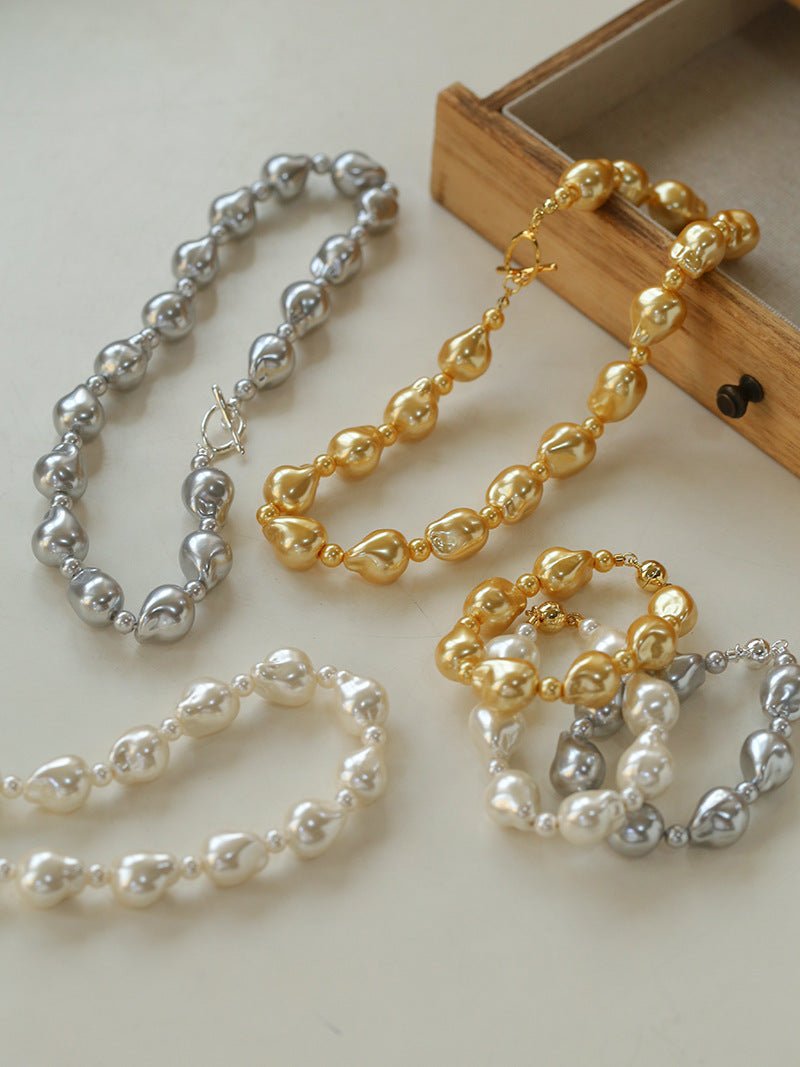 Stylish Baroque Pearl and Bead Beaded Necklace with OT Clasp - floysun