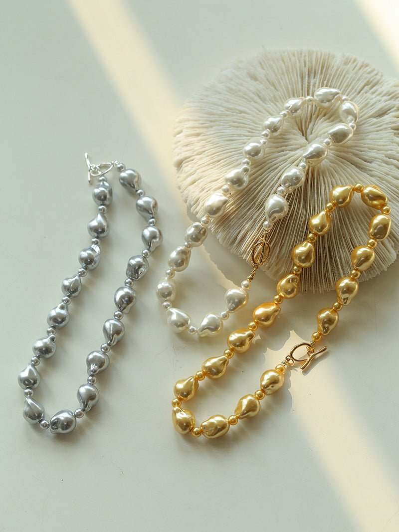 Stylish Baroque Pearl and Bead Beaded Necklace with OT Clasp - floysun