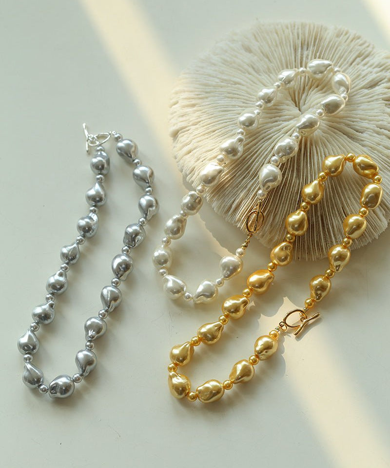 Stylish Baroque Pearl and Bead Beaded Necklace with OT Clasp - floysun