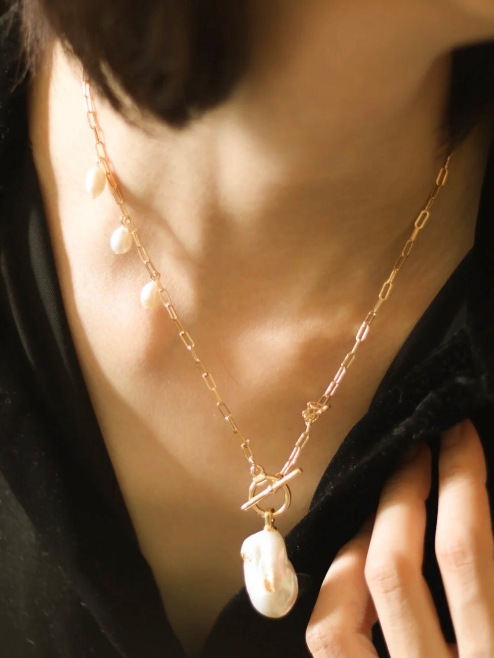 Suqare Chain Baroque Pearl Clip - on Pendants Necklace - floysun