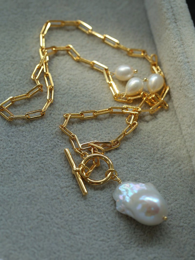 Suqare Chain Baroque Pearl Clip - on Pendants Necklace - floysun