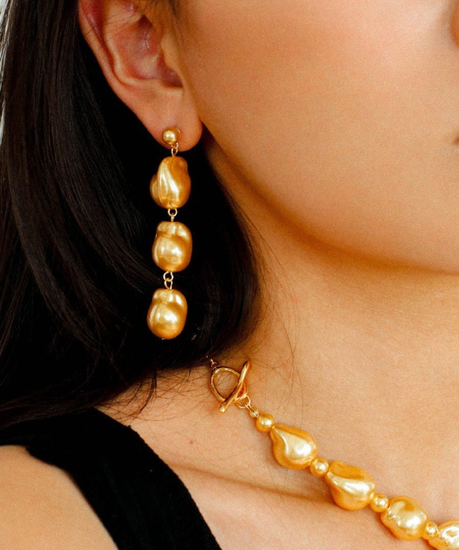 Three Baroque Pearl Long Drop Earrings - floysun