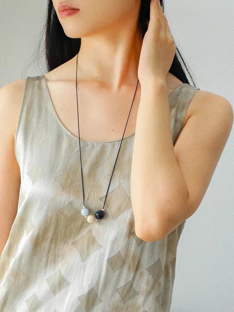 Three - Bead Natural Stone Long Black Cord Sliding Necklace - floysun