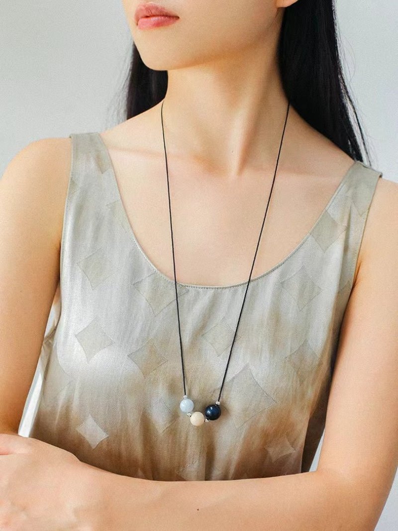 Three - Bead Natural Stone Long Black Cord Sliding Necklace - floysun