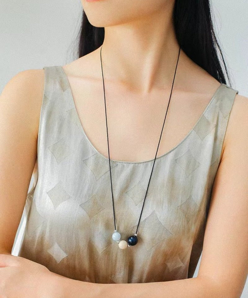 Three - Bead Natural Stone Long Black Cord Sliding Necklace - floysun