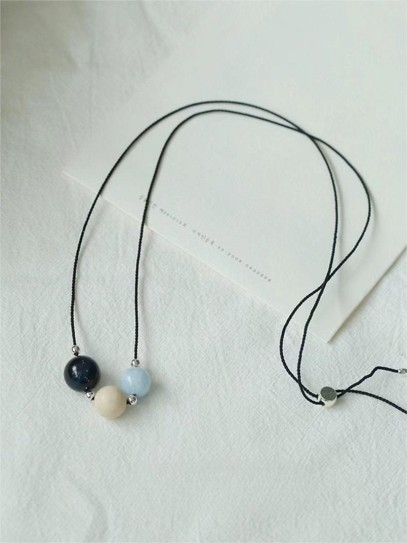 Three - Bead Natural Stone Long Black Cord Sliding Necklace - floysun