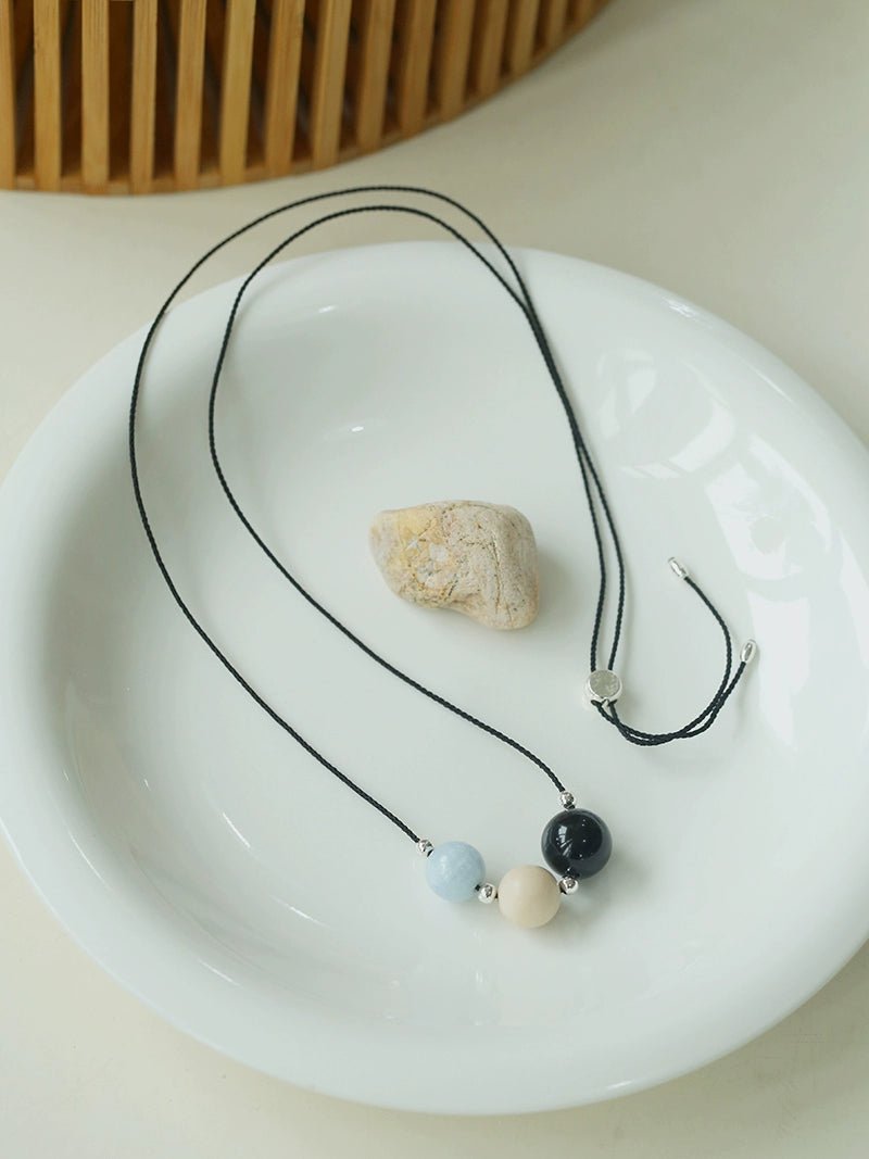 Three - Bead Natural Stone Long Black Cord Sliding Necklace - floysun