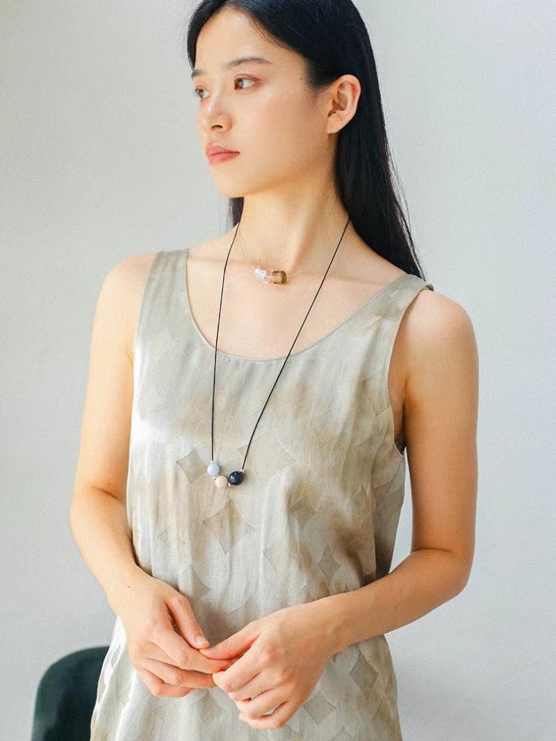 Three - Bead Natural Stone Long Black Cord Sliding Necklace - floysun