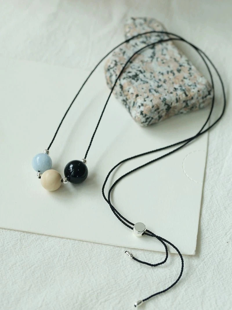 Three - Bead Natural Stone Long Black Cord Sliding Necklace - floysun