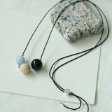 Three - Bead Natural Stone Long Black Cord Sliding Necklace - floysun