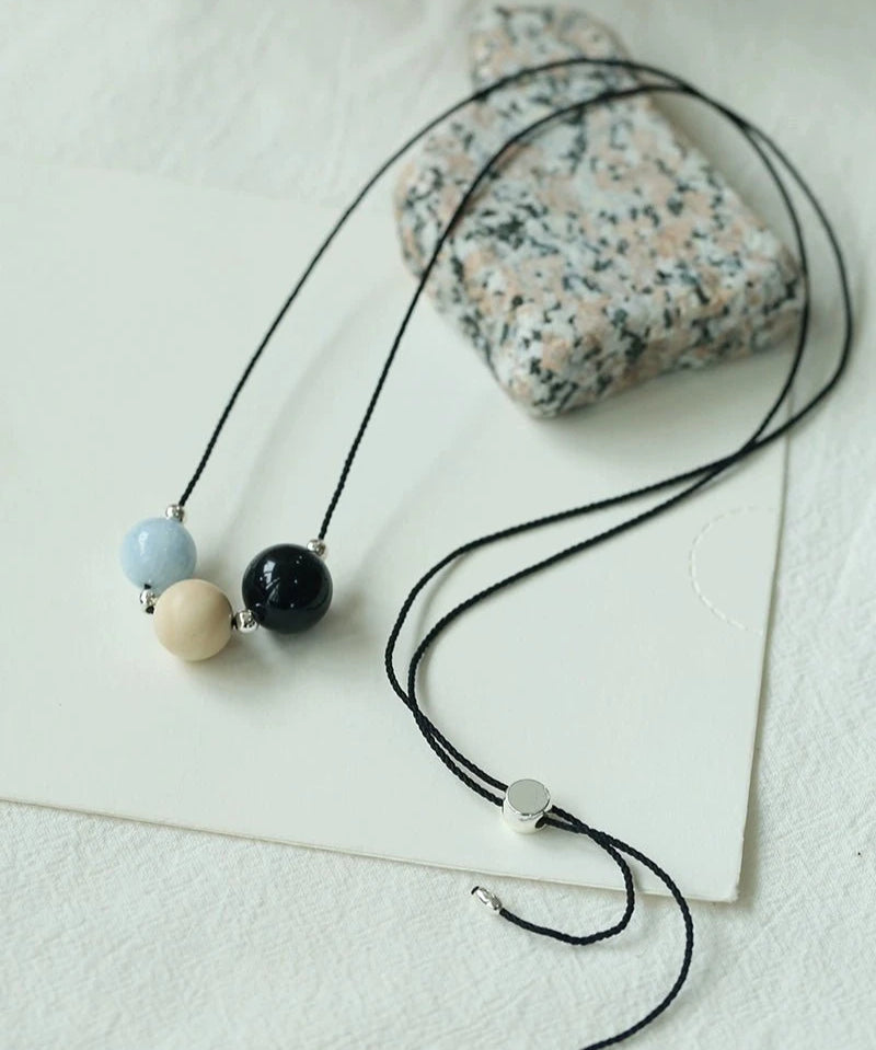 Three - Bead Natural Stone Long Black Cord Sliding Necklace - floysun