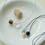 Three - Bead Natural Stone Long Black Cord Sliding Necklace - floysun