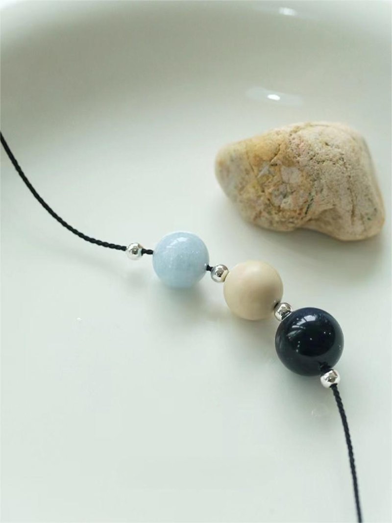 Three - Bead Natural Stone Long Black Cord Sliding Necklace - floysun