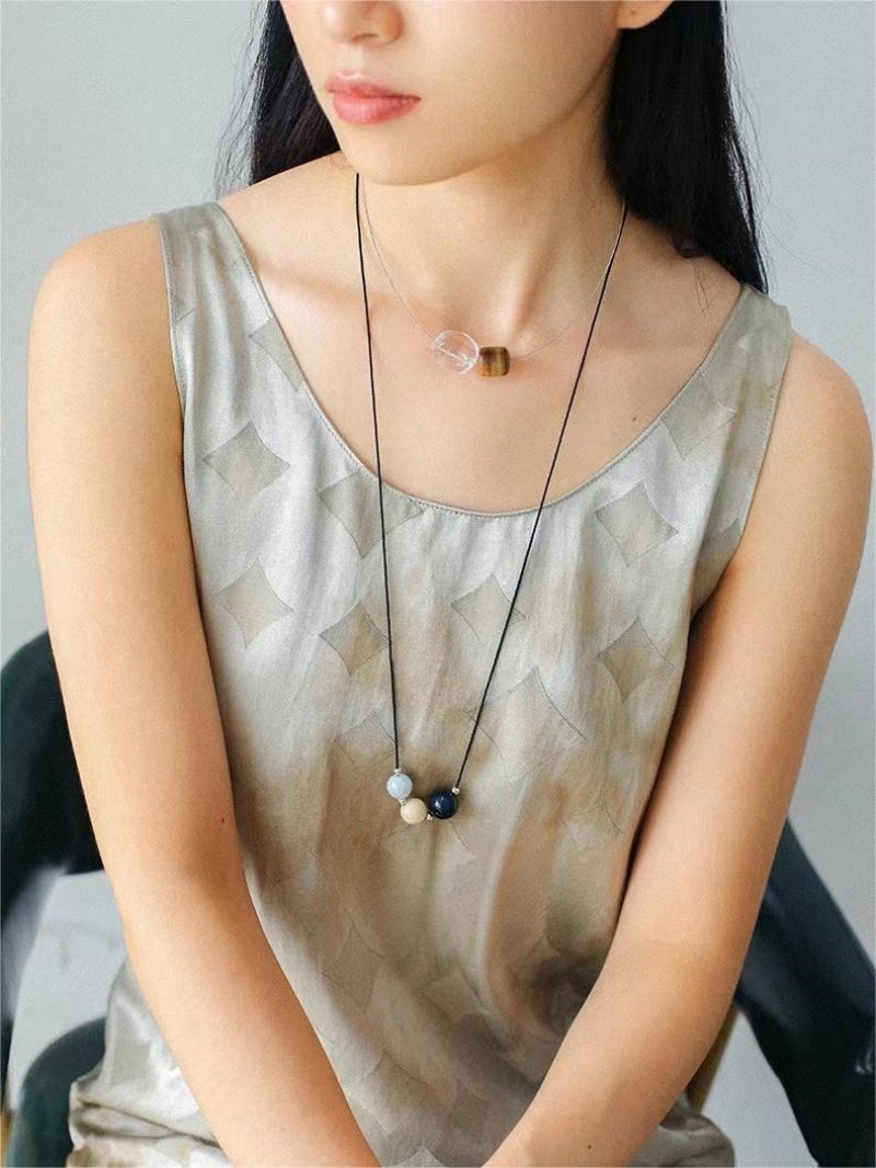 Three - Bead Natural Stone Long Black Cord Sliding Necklace - floysun