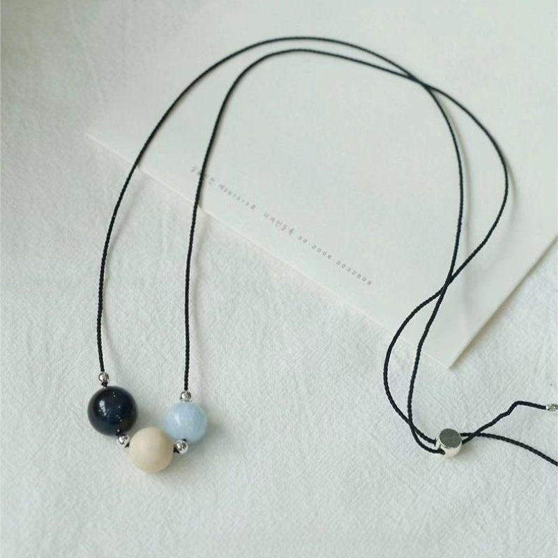 Three - Bead Natural Stone Long Black Cord Sliding Necklace - floysun