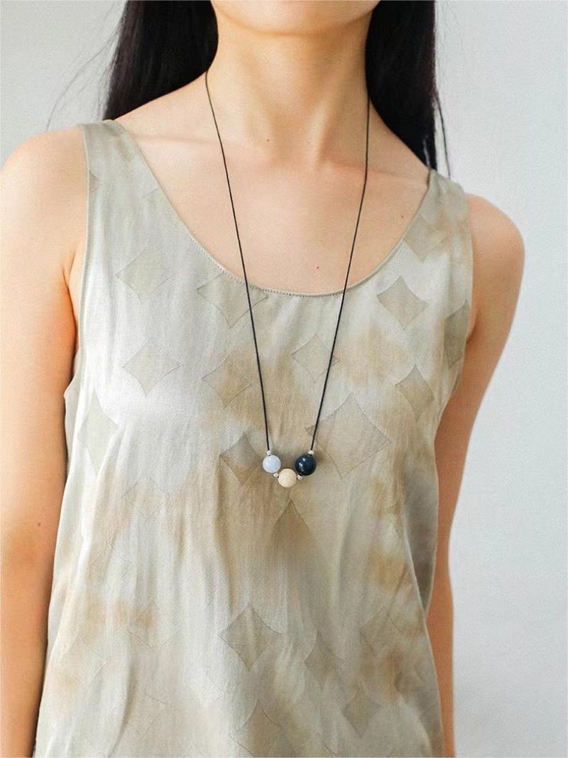 Three - Bead Natural Stone Long Black Cord Sliding Necklace - floysun