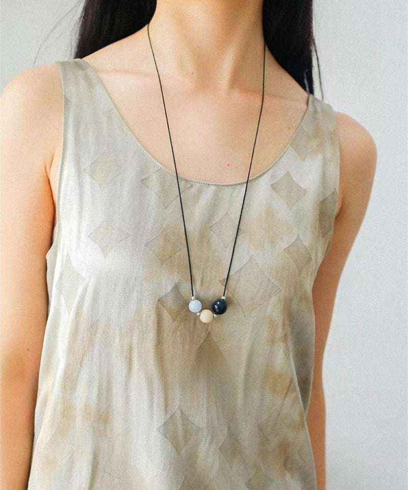 Three - Bead Natural Stone Long Black Cord Sliding Necklace - floysun