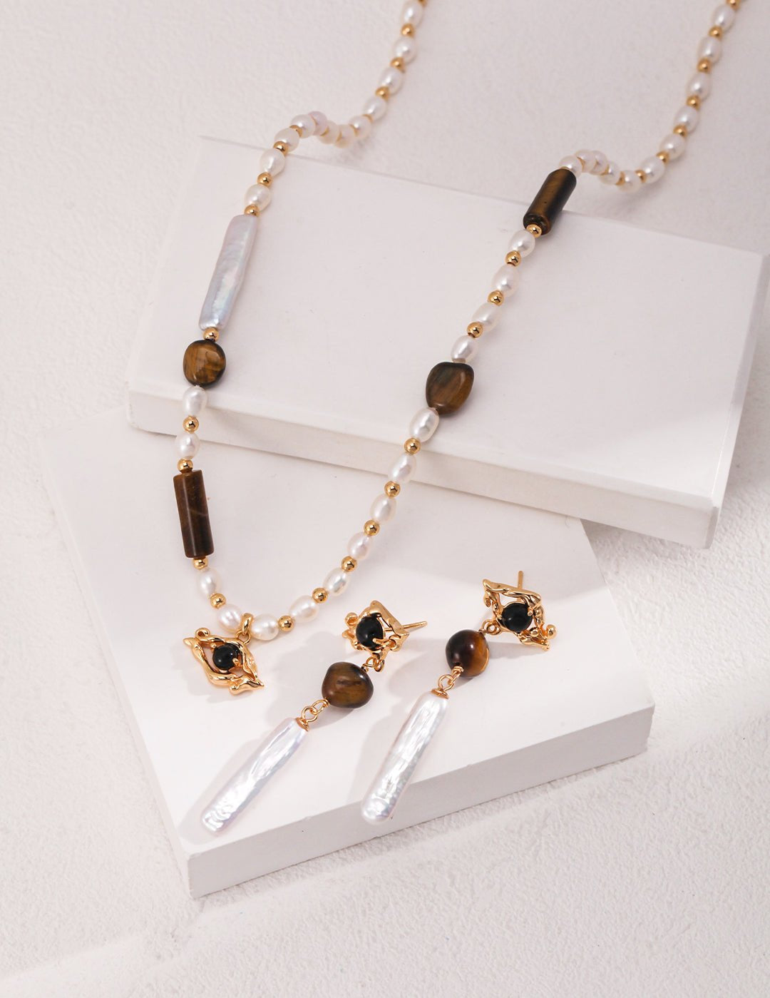 Tiger Eye Stone Long Baroque Pearl Earrings - floysun