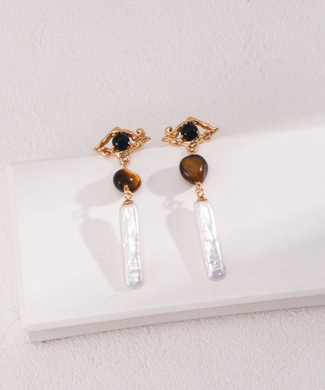 Tiger Eye Stone Long Baroque Pearl Earrings - floysun